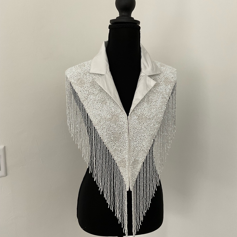 White Blazer Cape with Beaded Fringe - Picture 2 of 7